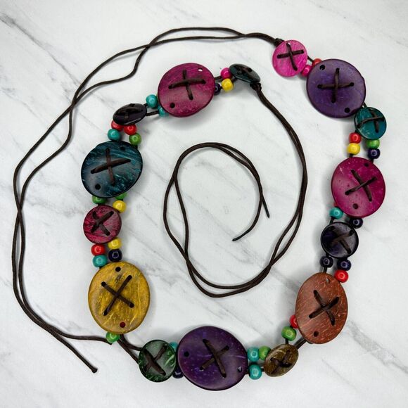 Colorful Coconut Shell Beaded Boho Tie Belt Small (S) ✨ - Picture 1 of 13